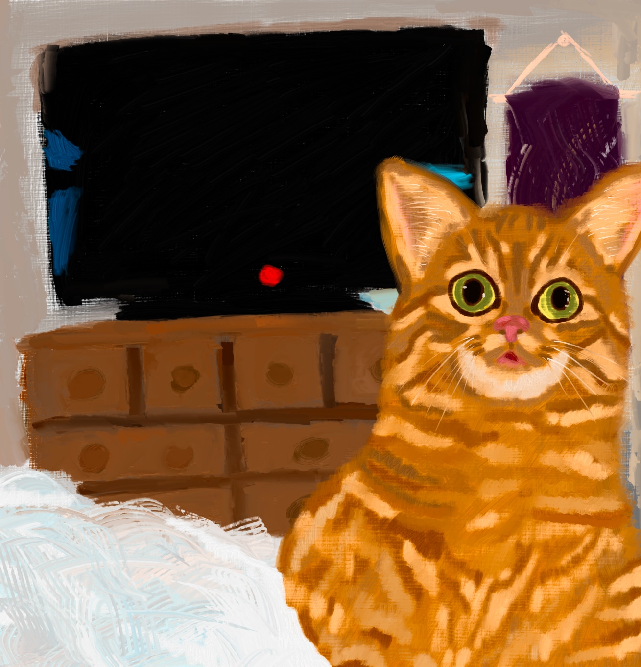 A picute of an orange cat in simulated oil paints that looks stupified and dumbfounded as it sets on a bed in front of a TV on top of a dresser.